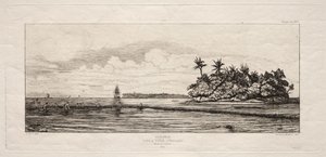 大洋洲：  在乌埃岛或瓦利斯群岛有棕榈树的岛屿附近捕鱼，1845 年 作者 查尔斯·梅里昂