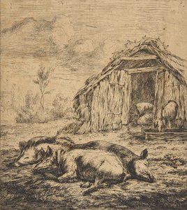 躺在棚子前的三只猪，1850年。 作者 查尔斯·梅里昂