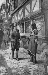 Captain John Smith meets a Red Indian friend from Virginia while taking a walk down The Strand in London (litho)