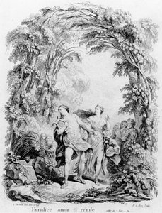 俄耳甫斯带领欧律狄刻走出地狱，克里斯托弗·冯·格鲁克 (1714-87) 的歌剧《俄耳甫斯与欧律狄刻》的插图