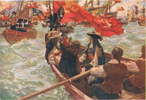 查理二世回家》，选自韦弗利图书有限公司出版的《卡塞尔斯英国人史》，约 1940 年（彩色石印版）