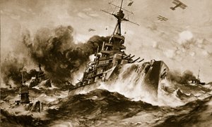 狭窄海域中全速前进的英国战斗中队（石版画）