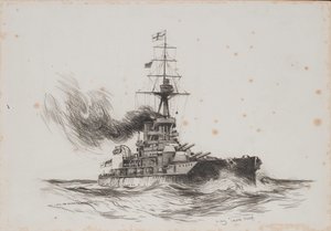 英国 "铁公爵 "号军舰。图画（25.5x36.8 厘米），作者 Charles M. Padday（？