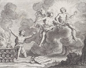阿波罗、墨丘利和牧羊女，拉莫特的寓言十，《新寓言》，1719年。 作者 查尔斯·尼古拉斯·科钦
