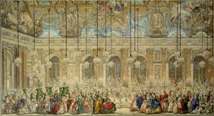 1745 年 2 月在凡尔赛宫的 Glace 画廊为法国的路易·多芬（1729-1765）与西班牙的玛丽·特蕾莎（Marie-Therese）的婚礼提供的球面具或球 查尔斯·尼古拉斯·科钦勒用钢笔和墨水绘画 青年 (1715-1790)