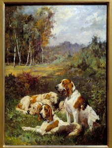 四只猎犬。 Charles Olivier De Penne (1831-1897) 的绘画