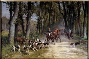奥尔良狩猎公爵跑到西尔维的树林里。 Charles Olivier De Penne (1831-1897) 的绘画