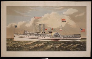 美国桨式蒸汽船 City of Worcester Norwich Line 号途经新伦敦和诺维奇驶往波士顿（石版画，彩色） 作者 查尔斯·帕森斯