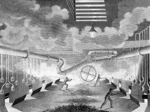 煤气厂的一般视图，显示了被充电的蒸馏瓶，1835年 作者 查尔斯·帕丁顿