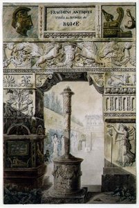 来自古罗马的古董碎片，设计了一个标题页，出自Charles Percier和Francois Leonard Fontaine(1762-1853)的《Palais, Maisons et Autres Edifices Modernes, Dessines a Rome》，出版了。巴黎