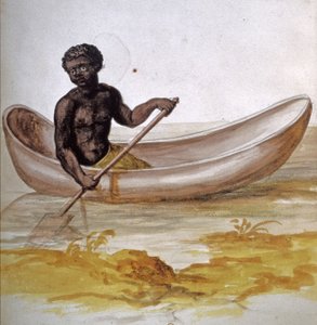加勒比海独木舟上的年轻黑人，约 1686 年（水彩画） 作者 查尔斯·普鲁米耶