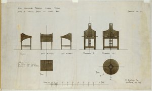 1909年为英格拉姆街茶室设计的正面和侧面写字桌设计 作者 查尔斯·雷尼·麦金托什