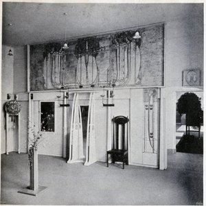 维也纳一家装饰艺术沙龙的内部视图，大约 1900 年（Charles Rennie 和 Margaret MacDonald Mackintosh 的装饰和家具） 作者 查尔斯·雷尼·麦金托什
