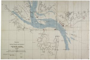 素描展示了查尔斯顿港的防御和通道，1864年6月（油布上的油墨） 作者 查尔斯·巴特尔