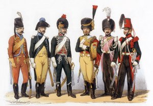 法国军队服装：枪骑兵g-d：1745年的锉刀猎人（路易十五时期）； 1785 年路易十六统治时期； 1794年共和国； 1810年帝国卫队（第一帝国）； 1824年皇家卫队（恢复）； 1840 年，查尔斯·维尼尔 (Charles Vernier，1831-1887) 绘制。