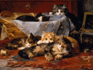 缝纫篮旁的小猫（布面油画） 作者 查尔斯·范登艾肯