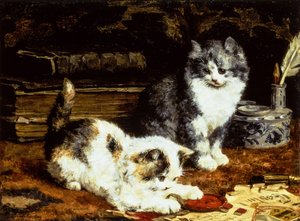 两只小猫在桌子上玩耍 作者 查尔斯·范登艾肯