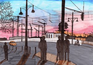 Warschauer Straße的起重机，2017（毛笔）。 作者 夏洛特奥尔