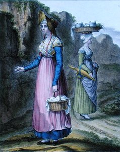 里昂地区的农家女，板块2来自 "服装套件"，约1845年（彩色平印）。