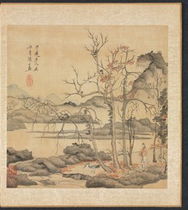 古代大师的画作：秋景中的道人与仙鹤
