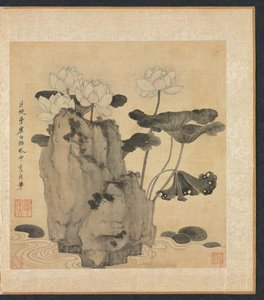 古代大师的画作荷花与岩石