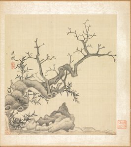 古代大师的画作：岩石、古树和竹子
