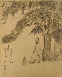在松树下准备长生不老药，清朝，1651年（墨水在金纸上） 作者 陈洪寿