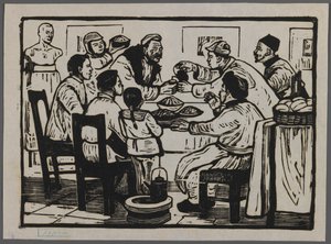 喝一杯庆祝除夕，约 1945 年（木刻） 作者 池桂松