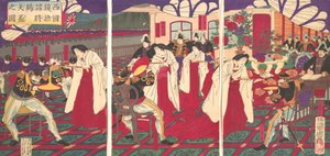 平定日本西部的指挥官们接受天皇御赐的插图，1877年7月。