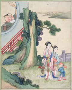 一个男人写作和他的家人在河边（丝绸上的水粉） 作者 中文学校