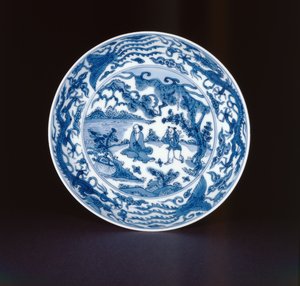 蓝色和白色的盘子上画着一个圣人和服务员，万里马克和时期，1573-90（瓷器）