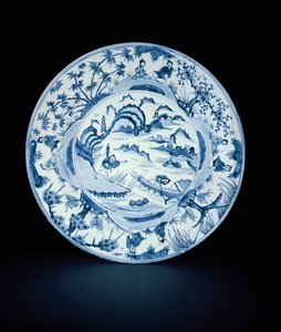 蓝色和白色菜画在河景，天气或崇政，1620-30（瓷器）的渔民