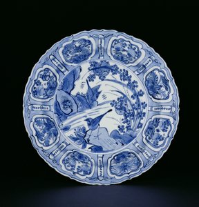 蓝色和白色kraak板涂有鸟类的景观，白鹭标记，万里，1595-1605（瓷器）（见205991）