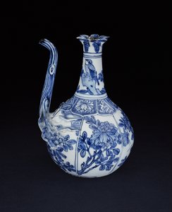 蓝色和白色kraak石榴壶用鸟和花绘，万里，1580-1600（瓷器）