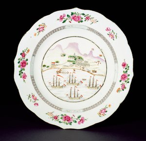 在干隆时期（1736-95）c.1770（瓷器）上展示桌山和四艘悬挂好望角的荷兰国旗的餐具上的餐盘