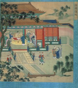 Hsien Ti（f.189-220）与学者翻译古典文本，中国皇帝的历史（丝绸上的颜色） 作者 中文学校