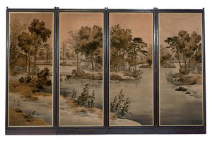 带有天鹅绒面板的四折屏风，以磨砂色调编织河景 作者 中文学校