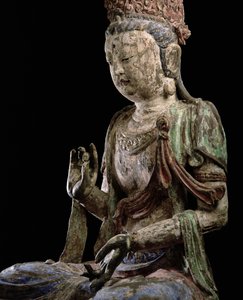 金大朝（1115-1234）（木材和颜料）（详见）（参见206546）大型坐着的菩萨，双手举起
