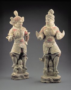 一对Lokapala人物，唐朝（618-907）（陶器）