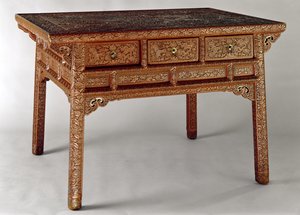 宫廷桌，明代，玄Te时期（1426-35）（木雕红漆）