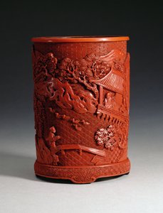 红色模压的画笔，描绘了着名的书法家王熙志（公元前307-365）坐在他的亭子撤退，看着池塘里的鹅和一个过桥的男孩，清朝，千麟
