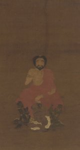 释迦牟尼坐落于三个类似恶魔的生物，可能是元明初，14至15世纪