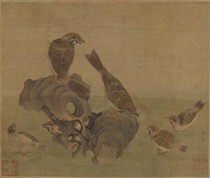 麻雀喂养他们的年轻，明朝或清朝