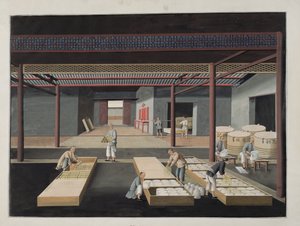 碗和盘子的装箱和包装，12个系列中的12个板块描绘了中国瓷器制造的过程，19世纪 作者 中文学校