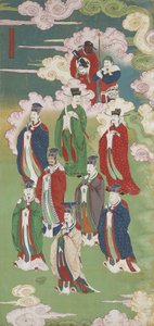 崇拜的皇帝和五个方向的神，来自佛教的土地和水仪式（丝绸上的墨水，颜色和金色） 作者 中文学校
