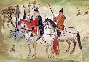 两个骑士在风景中，或Boddhisatva和他的Equerry，唐时期（彩绘石头） 作者 中文学校