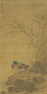 在明朝或清朝，15至18世纪的水边，芦苇丛中有两只鸭子