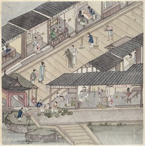 在中国市场的视图（wc和墨水在纸上） 作者 中文学校
