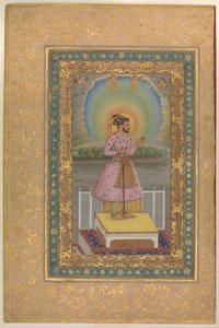 Shah Jahan在露台上，手持肖像吊坠套装，Shah Jahan专辑对开本，记录：1627–28 作者 Chitarman