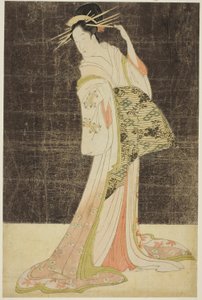 妓院选美》（Seiro bijin awase）：为新年假期雇用的歌妓 - 荻屋的泷川，约 1794 年（彩色木刻版画；荞麦面） 作者 Chobunsai eisi